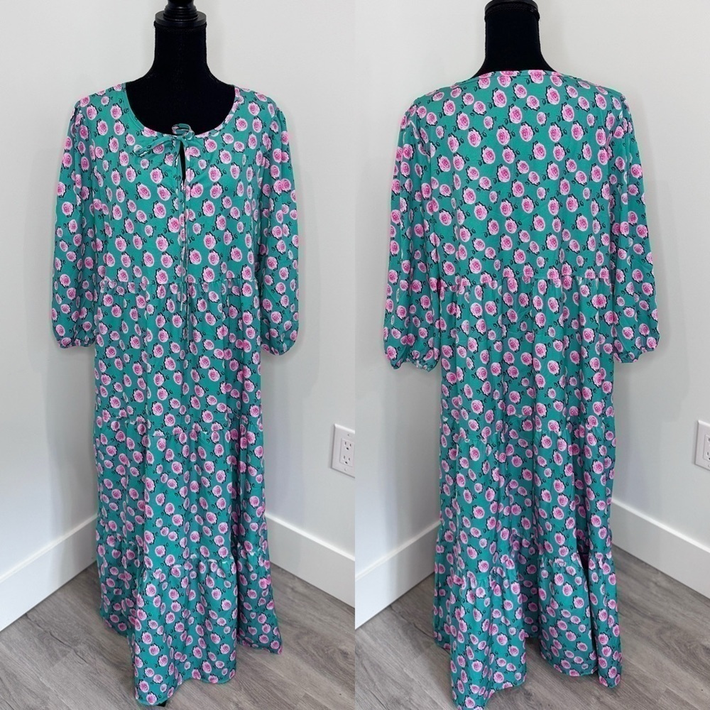 Green with Pink Florals 3/4 Sleeve Maxi Dress (XL)